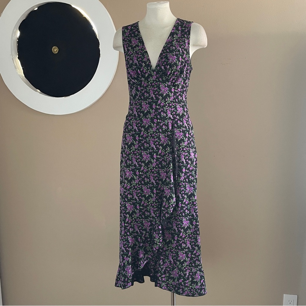 Connected Apparel Size 12 Blue Floral Midi Dress Deep V Ruffle Slit Feminine - Picture 2 of 15